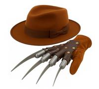 Freddy Krueger Hat & Razor Claw Glove Set - Adult Halloween Fancy Dress Costume Accessories - Brown Fedora & Horror Claw Hand Prop - Scary Nightmare Film Style Outfit for Men & Women
