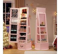 FREDEES 360° Swivel Jewelry Organizer with Full Length Mirror, Pink | with Lights, Standing Cabinet with Drawers, Large Storage for Living Room, Bedroom, for Mom, Wife & Girls