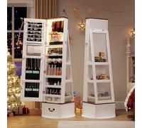 FREDEES 360° Swivel Jewelry Organizer with Full Length Mirror, White | with Lights, Standing Cabinet with Drawers, Large Storage for Living Room, Bedroom, for Mom, Wife & Girls