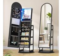 FREDEES Arched Mirror Jewelry Cabinet with Storage and LED Lights, Black | Full Length Mirror & 360° Swivel, Lockable Standing Holder Organizer, Rear Storage Shelves & Hooks for Women, Girls