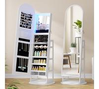 FREDEES Arched Mirror Jewelry Cabinet with Storage and LED Lights, White | Full Length Mirror & 360° Swivel, Lockable Standing Holder Organizer, Rear Storage Shelves & Hooks for Women, Girls