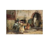 Frederick Arthur Bridgman 'Off for A Ride, Constantine, Algeria' Poster - Orientalist Style Wall Art Depicting Traditional Algerian Street with Horse Canvas Painting Wall Art Decorative Picture Print