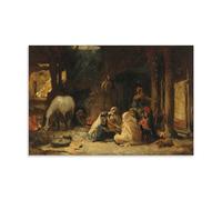 Frederick Arthur Bridgman Orientalist Style 'At Rest, Algeria' Art Print - Wall Art Depicting Algerian Figures And Horse in A Rustic Interior Painting On Canvas Wall Art Scroll Picture Print Living Ro