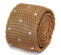 Frederick Thomas Beige Knitted Necktie with White Spots, Slim 5cm Width, Stylish Men's Elegant Formal Wear Accessory, Classic Pattern, Gift Idea