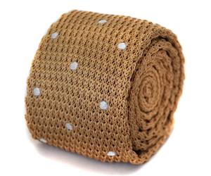 Frederick Thomas Beige Knitted Necktie with White Spots, Slim 5cm Width, Stylish Men's Elegant Formal Wear Accessory, Classic Pattern, Gift Idea