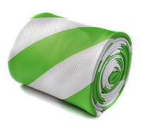 Frederick Thomas Bright Lime Green and White Striped Tie with Rear Floral Detail, 147cm Standard Length Luxury Necktie Ideal for Weddings, Office and Events, classic 8cm width