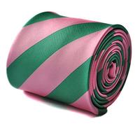 Frederick Thomas Green and Pink Barber Striped Men's Tie with Floral Rear Design, Classic 8cm Width Necktie Ideal for Office, Weddings, Formal Events, Dinner and Parties