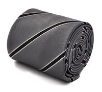Frederick Thomas grey and black club striped tie with signature floral design to the rear