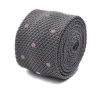 Frederick Thomas Grey Skinny Knitted Tie with Pink Polka Spots, Silk Necktie for Men, Formal Accessory for Office, Wedding, Events or Party, Slim 5cm Width, Flat End