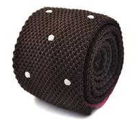 Frederick Thomas Knitted Tie Chocolate Brown White Polka Dot Slim 5cm Width Necktie for Men Stylish Formal Accessory Gift Boxed Handmade Unique Design
