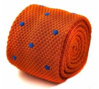 Frederick Thomas Knitted Tie Orange Royal Blue Polka Dot Slim 5cm Width Necktie for Men Modern Stylish Formal Accessory Boxed Gift Handmade Unique Pattern