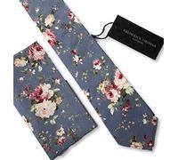 Frederick Thomas Matching Cotton Denim Medium Blue with Pink Flower Design Men’s Tie and Pocket Square, 147cm Length Necktie Ideal for Office Wear, Formal Occasions and Weddings