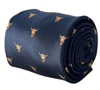 Frederick Thomas Men’s Navy Dark Blue Highland Cow Tie, 8cm Classic Width Necktie for Weddings, Business and Special Events, Countryside-Inspired Design