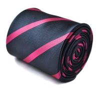 Frederick Thomas navy and bright pink club striped tie with floral design to the rear