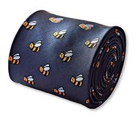 Frederick Thomas Navy Blue Tie with Embroidered Bumblebee Design and Rear Floral Detail, 147cm Length Men’s Necktie, Formal Accessory, 8cm Classic Width