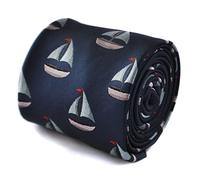 Frederick Thomas Navy Blue Tie with Embroidered Sailing Boat Design, Nautical Themed Tie for Office, Weddings and Parties, Classic 8cm Width