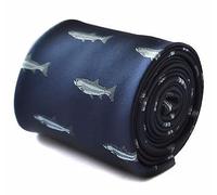 Frederick Thomas Navy Blue Tie with Grey Trout Embroidered Design and Signature Floral Rear Lining, Classic 8cm Width, 147cm Length Necktie Ideal for Office, Wedding, Dinner, Business