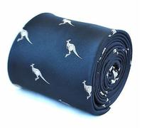 Frederick Thomas Navy Blue Tie with Kangaroo Pattern and Signature Floral Backing, Classic 8cm Width, Length 147cm British Design Necktie Ideal for Office, Weddings, Events and Dinners