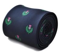 Frederick Thomas Navy Blue Tie with Scottish Thistle Design and Rear Floral Detail, 147cm Length, Luxury Men’s Necktie for Weddings, Office or Formal Events