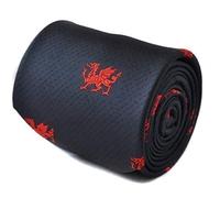 Frederick Thomas navy blue tie with Welsh dragon embroidered design and signature floral design to the rear, 147cm length necktie ideal for office wear, weddings or dinner parties, 8cm width