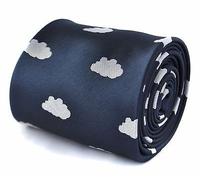 Frederick Thomas navy blue tie with white fluffy cloud embroidered and signature floral rear detail, Classic 8cm Width, 147cm length necktie ideal for office or formal events