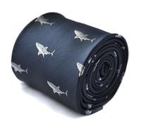Frederick Thomas Navy Dark Blue Tie with Embroidered Shark Motif and Signature Floral Rear Lining, 147cm Length Men’s Necktie for Office, Weddings and Events, Classic 8cm Width