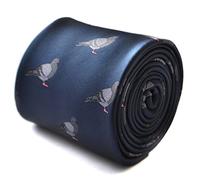 Frederick Thomas navy tie with grey pigeon embroidered design with signature floral design to the rear
