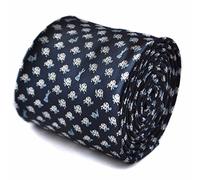 Frederick Thomas navy tie with hare and tortoise embroidered design with signature floral design to the rear
