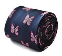 Frederick Thomas navy tie with pink butterfly embroidered design with signature floral design to the rear