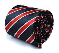 Frederick Thomas navy tie with red and white stripes and signature floral design to rear