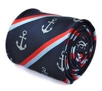 Frederick Thomas navy tie with striped anchor design with signature floral design to the rear