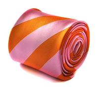 Frederick Thomas Orange and Pink Barber Striped Men's Tie with Signature Floral Rear, Standard Length Necktie for Office, Weddings, Formal Events, Dinner Parties, and Everyday Wear, Classic 8cm Width