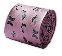 Frederick Thomas pink tie with silver butterfly embroidered design with signature floral design to the rear
