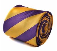 Frederick Thomas purple and yellow barber striped tie with signature floral design to the rear