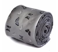 Frederick Thomas Silver Grey Tie with Butterfly Embroidered Design and Signature Floral Back Classic 8cm Width, Elegant Men’s Necktie for Office, Weddings and Formal Events