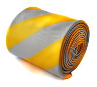 Frederick Thomas yellow and silver grey barber striped tie with signature floral design to the rear