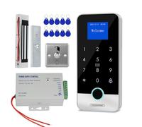 Fredorlokk Bluetooth Tuya access control system package with RFID fingerprint keypad controller, NC mode magnetic lock, 180kg/350lbs, power supply, exit button, and 10 13.56MHz IC keychains