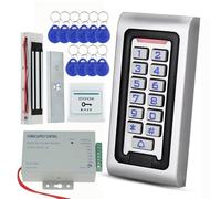 Fredorlokk Standalone access control system kit with IP68 waterproof metal keypad, NC mode magnetic lock (180kg/350lbs), ten 125KHz RFID key fobs, 12V 3A power supply, and exit button