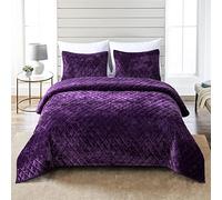 Fredsure Distressed Velvet Duvet Cover Set 3 Piece Purple King Size Bed Set with Distressed Velvet Front and Brushed Microfiber Back with Diamond Stitching