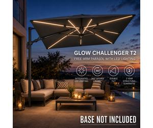 Free Arm Cantilever Parasol Umbrella 3m Square LED Garden Shade Patio Cover Grey