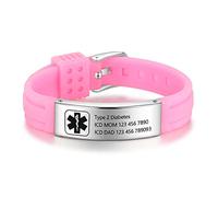 Free Engraving 9 Inches Silicone Adjustable Medical Bracelets Sport Emergency ID Bracelets For Men Women Kids Waterproof Stainless Steel Rubber Alert Bracelets (Pink-medium)