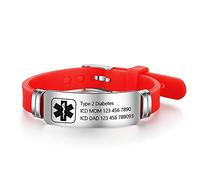 Free Engraving 9 Inches Silicone Adjustable Medical Bracelets Sport Emergency ID Bracelets For Men Women Kids Waterproof Stainless Steel Rubber Alert Bracelets (Red)