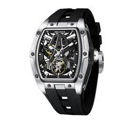 FREE FOCUS FF Unique Men Watches,Automatic Mechanical Watch,Luxury Hollow Tonneau Watches for Men with Stainless Steel Case and Silicon Band (Self-Wind Movement/3ATM Waterproof/Super_Luminous), Silver
