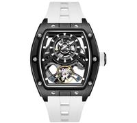 Free Focus Unique Men Watches,Automatic Mechanical Watch,Luxury Skeleton Tonneau Watches for Men with Stainless Steel Case and Silicon Band (Rubies Movement/5ATM Waterproof/Super_Luminous), White