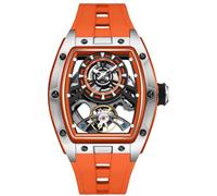 Free Focus Unique Men Watches,Automatic Mechanical Watch,Luxury Skeleton Tonneau Watches for Men with Stainless Steel Case and Silicon Band (Rubies Movement/5ATM Waterproof/Super_Luminous), Orange