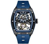 Free Focus Unique Men Watches,Automatic Mechanical Watch,Luxury Skeleton Tonneau Watches for Men with Stainless Steel Case and Silicon Band (Rubies Movement/5ATM Waterproof/Super_Luminous), Blue