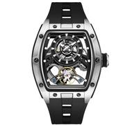 Free Focus Unique Men Watches,Automatic Mechanical Watch,Luxury Skeleton Tonneau Watches for Men with Stainless Steel Case and Silicon Band (Rubies Movement/5ATM Waterproof/Super_Luminous), Black