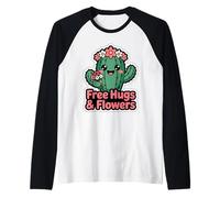 Free Hugs & Flowers Cute Cactus Kawaii Succulent Raglan Baseball Tee