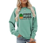 Free Hugs Just Kidding Don't Touch Me Funny Cactus Jokes Sweatshirt Women‘s Lightweight Pullover Top(Light Green,S)