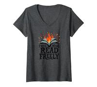 Free Minds Read Freely: Intellectual Freedom Flame V-Neck T-Shirt, Women, Dark Heather Grey, M